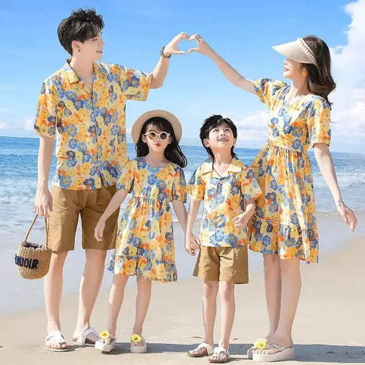 Family Matching Outfits Flower Print Half Sleeve Dress with Flower Print Polo Shirts with Shorts - ChildAngle