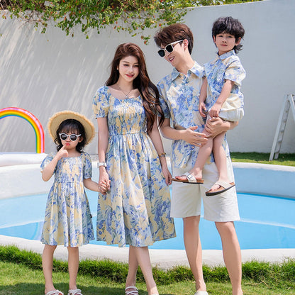 Light Blue Floral Shirred Top Family Matching Outfits Flower Print Polo Shirts and Shorts and Dress - ChildAngle