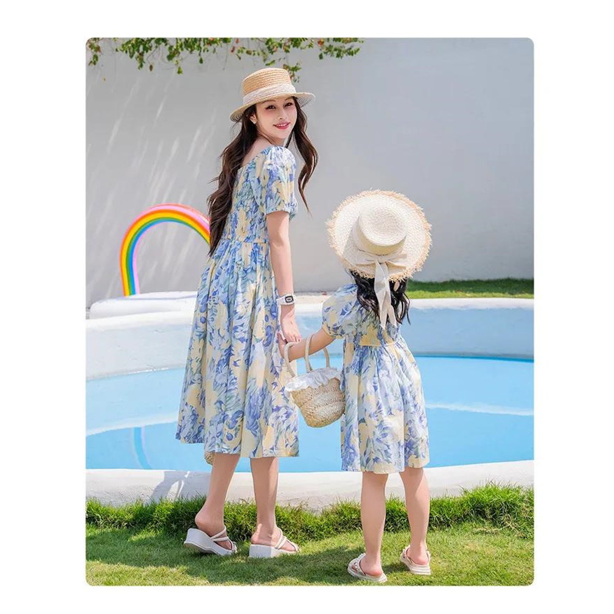 Light Blue Floral Shirred Top Family Matching Outfits Flower Print Polo Shirts and Shorts and Dress - ChildAngle