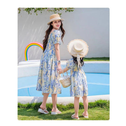 Light Blue Floral Shirred Top Family Matching Outfits Flower Print Polo Shirts and Shorts and Dress - ChildAngle