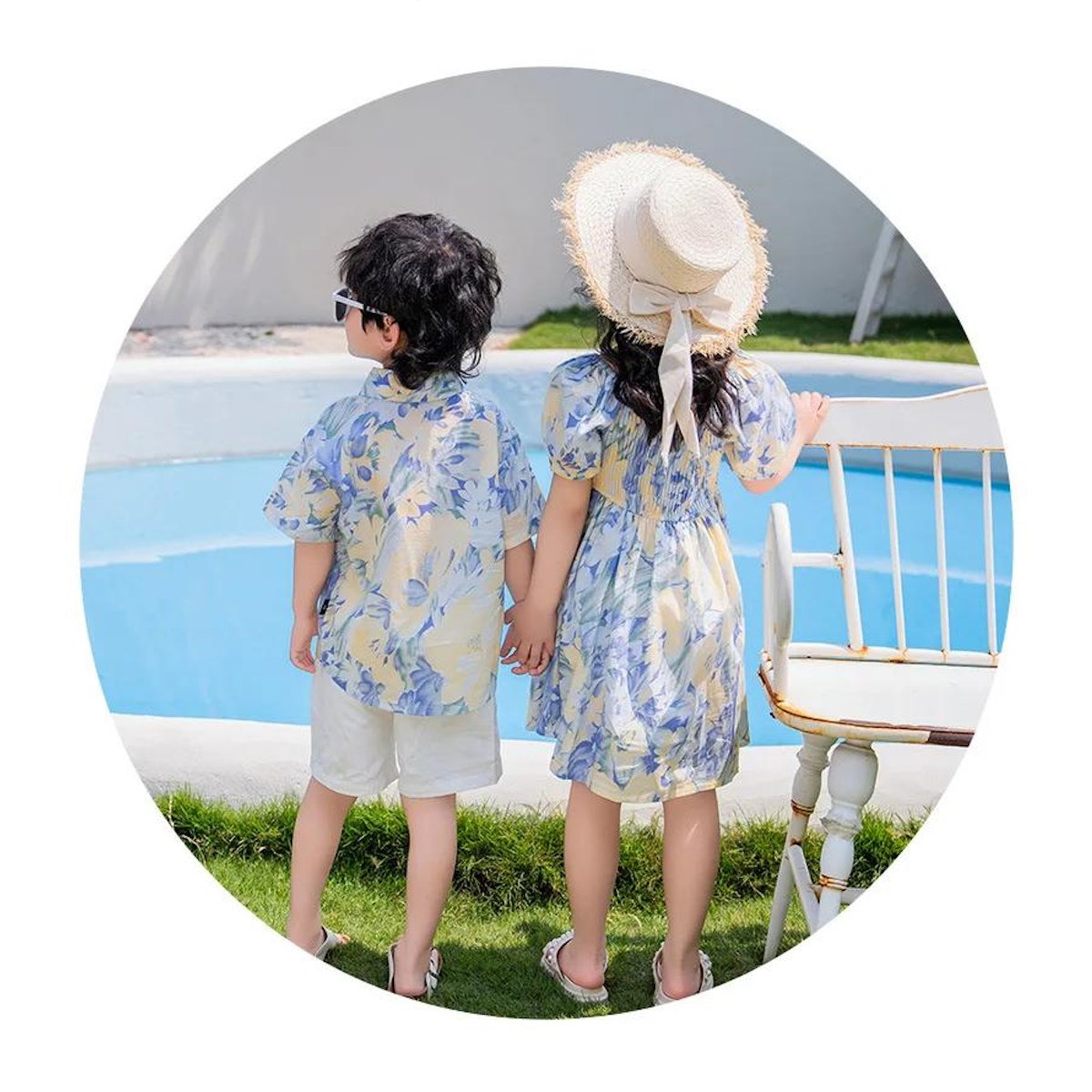 Light Blue Floral Shirred Top Family Matching Outfits Flower Print Polo Shirts and Shorts and Dress - ChildAngle