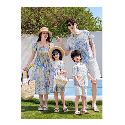 Light Blue Floral Shirred Top Family Matching Outfits Flower Print Polo Shirts and Shorts and Dress - ChildAngle