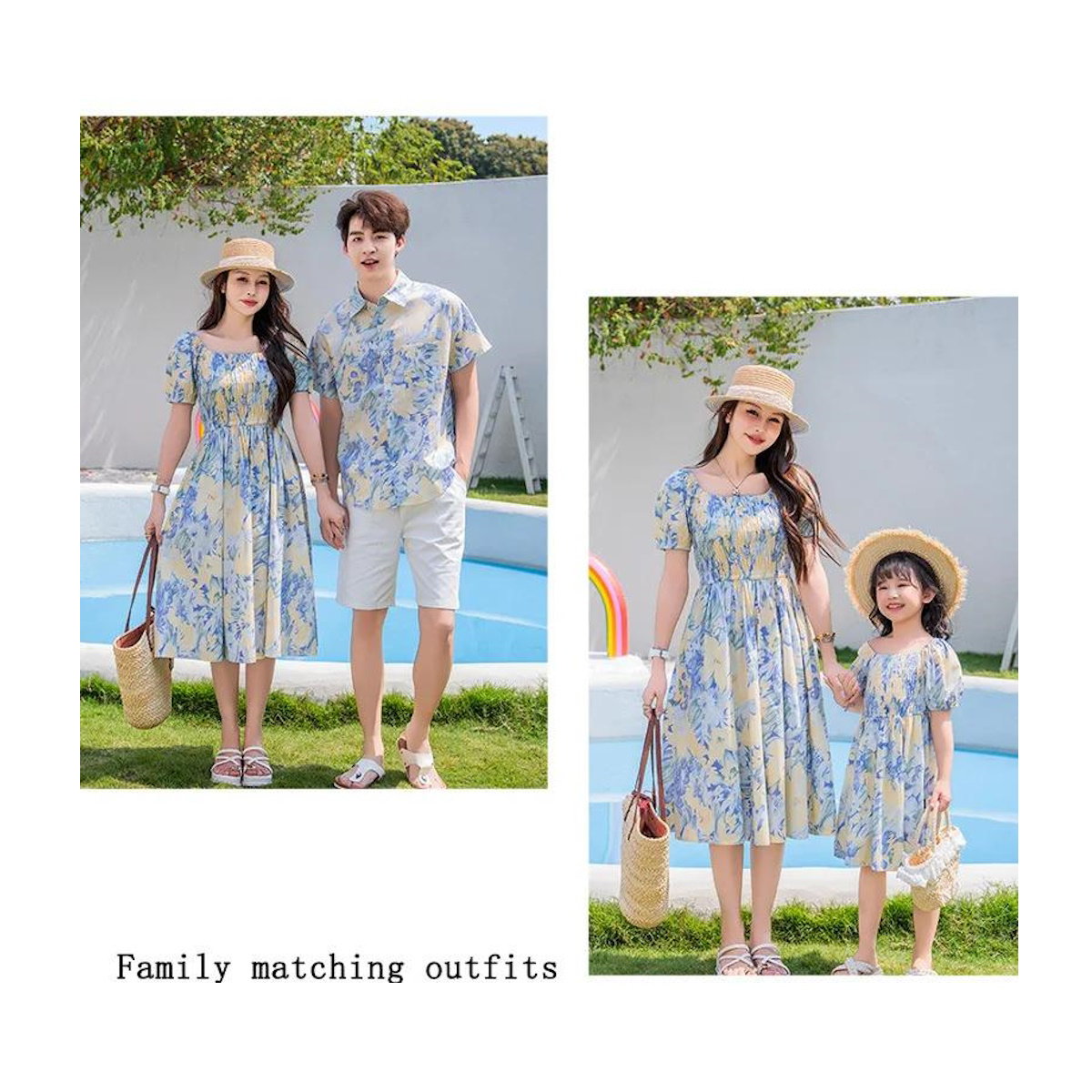 Light Blue Floral Shirred Top Family Matching Outfits Flower Print Polo Shirts and Shorts and Dress - ChildAngle