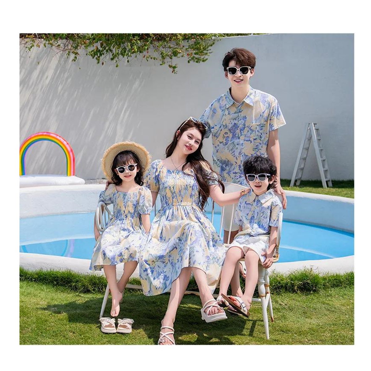 Light Blue Floral Shirred Top Family Matching Outfits Flower Print Polo Shirts and Shorts and Dress - ChildAngle