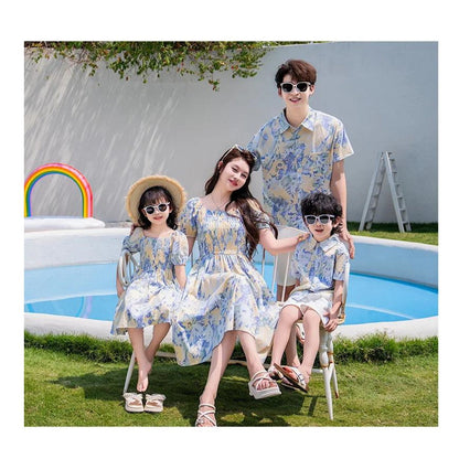 Light Blue Floral Shirred Top Family Matching Outfits Flower Print Polo Shirts and Shorts and Dress - ChildAngle