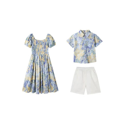 Light Blue Floral Shirred Top Family Matching Outfits Flower Print Polo Shirts and Shorts and Dress - ChildAngle