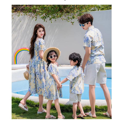 Light Blue Floral Shirred Top Family Matching Outfits Flower Print Polo Shirts and Shorts and Dress - ChildAngle