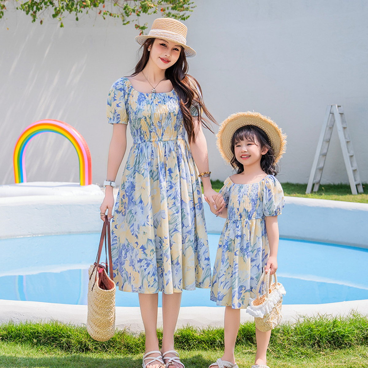 Light Blue Floral Shirred Top Family Matching Outfits Flower Print Polo Shirts and Shorts and Dress - ChildAngle