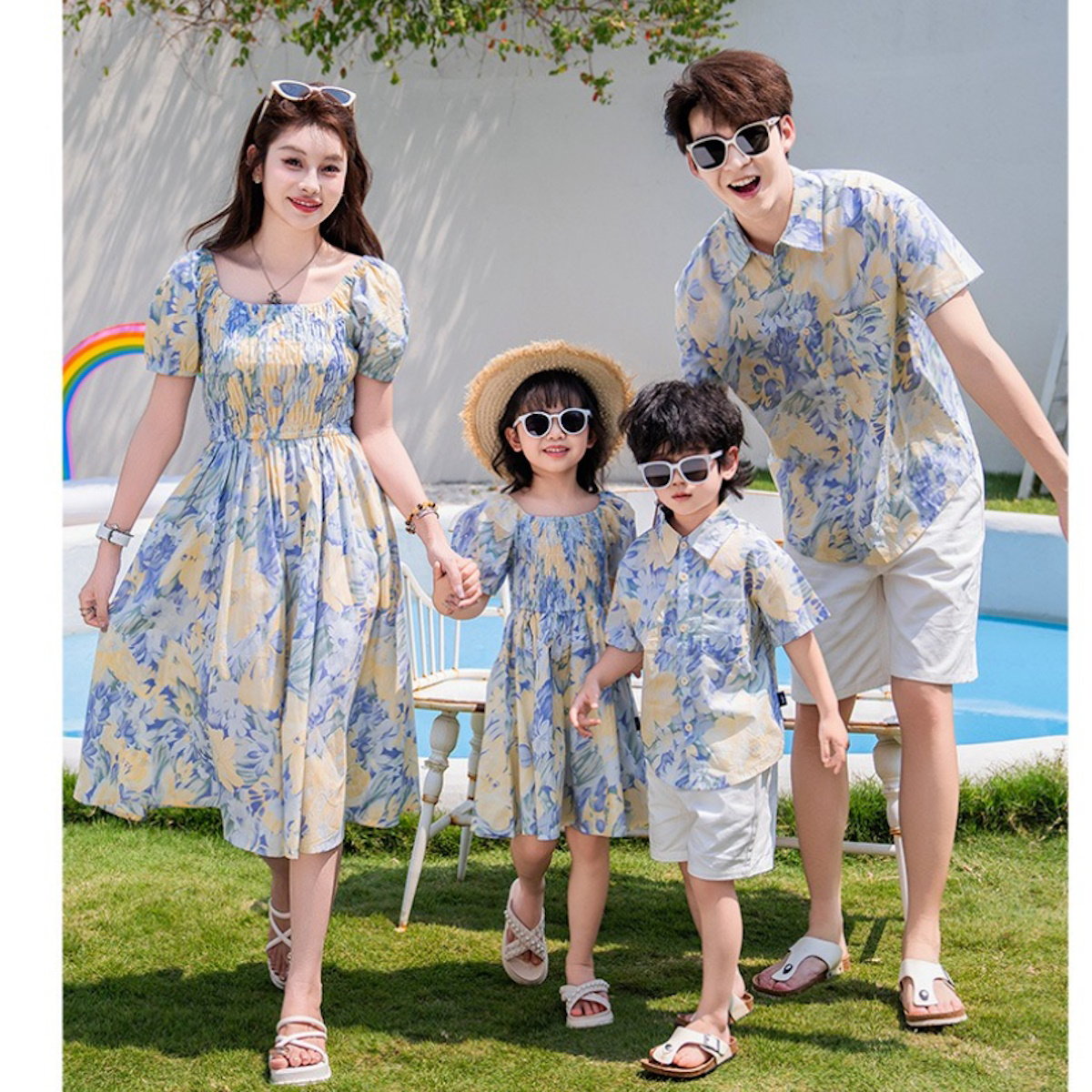 Light Blue Floral Shirred Top Family Matching Outfits Flower Print Polo Shirts and Shorts and Dress - ChildAngle