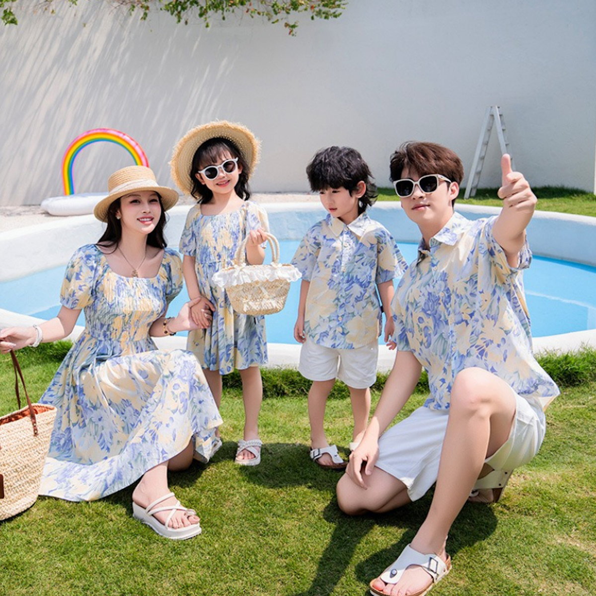 Light Blue Floral Shirred Top Family Matching Outfits Flower Print Polo Shirts and Shorts and Dress - ChildAngle