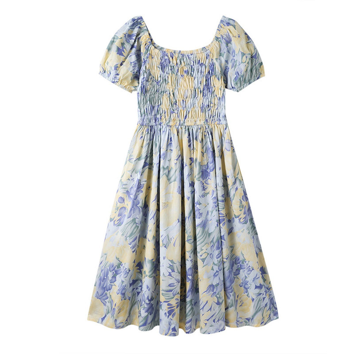 Light Blue Floral Shirred Top Family Matching Outfits Flower Print Polo Shirts and Shorts and Dress - ChildAngle