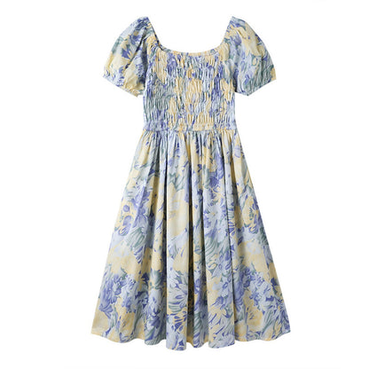 Light Blue Floral Shirred Top Family Matching Outfits Flower Print Polo Shirts and Shorts and Dress - ChildAngle