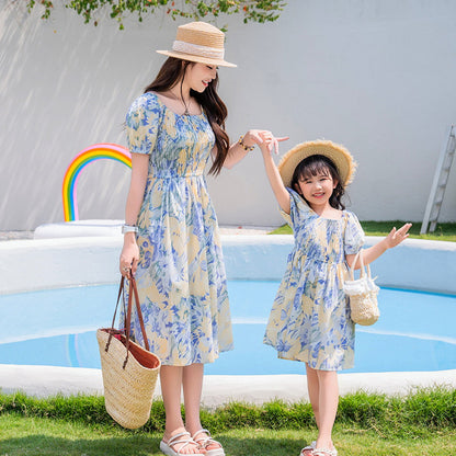 Light Blue Floral Shirred Top Family Matching Outfits Flower Print Polo Shirts and Shorts and Dress - ChildAngle