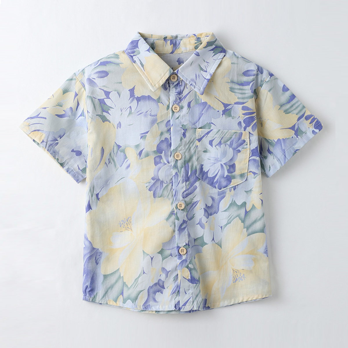 Light Blue Floral Shirred Top Family Matching Outfits Flower Print Polo Shirts and Shorts and Dress - ChildAngle