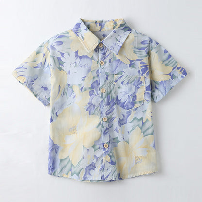 Light Blue Floral Shirred Top Family Matching Outfits Flower Print Polo Shirts and Shorts and Dress - ChildAngle