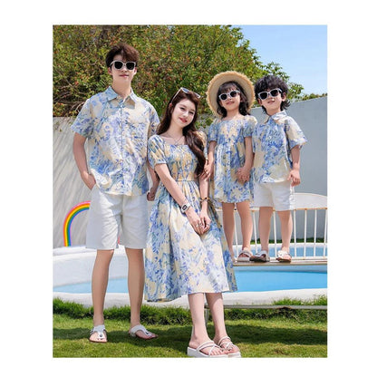 Light Blue Floral Shirred Top Family Matching Outfits Flower Print Polo Shirts and Shorts and Dress - ChildAngle