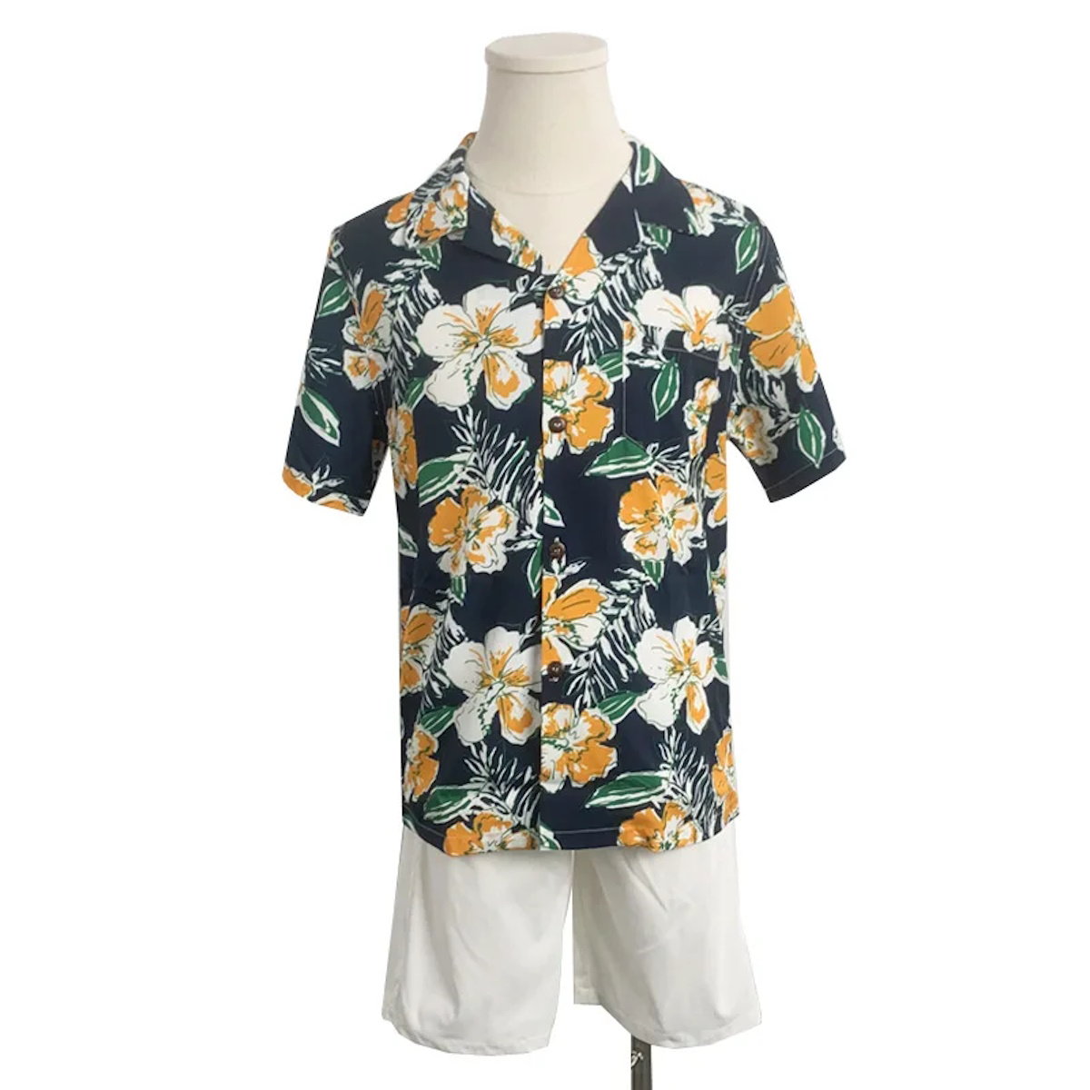 Family Matching Outfits Floral Print Maxi Strap Dress and Front Pocket Tropical Shirts and Shorts Set - ChildAngle