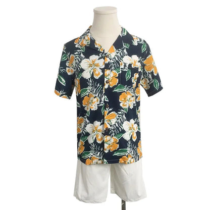 Family Matching Outfits Floral Print Maxi Strap Dress and Front Pocket Tropical Shirts and Shorts Set - ChildAngle