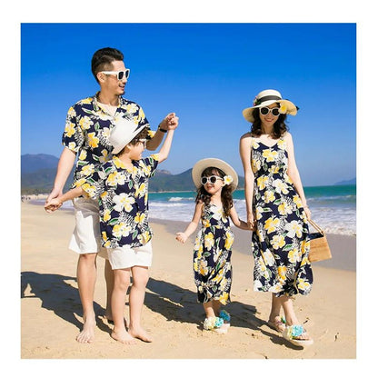 Family Matching Outfits Floral Print Maxi Strap Dress and Front Pocket Tropical Shirts and Shorts Set - ChildAngle