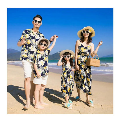 Family Matching Outfits Floral Print Maxi Strap Dress and Front Pocket Tropical Shirts and Shorts Set - ChildAngle