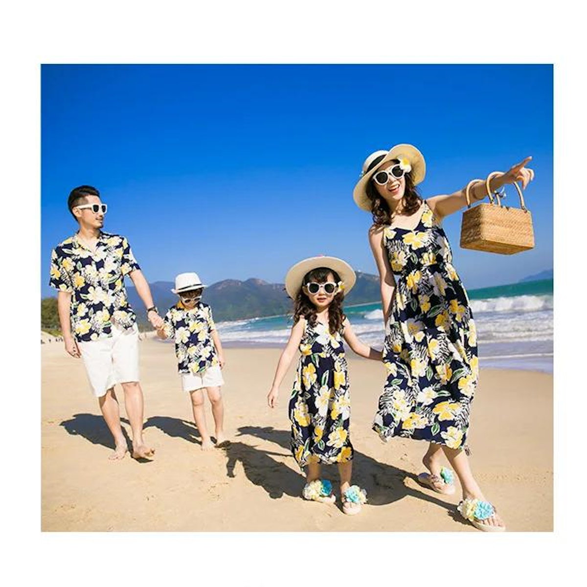 Family Matching Outfits Floral Print Maxi Strap Dress and Front Pocket Tropical Shirts and Shorts Set - ChildAngle