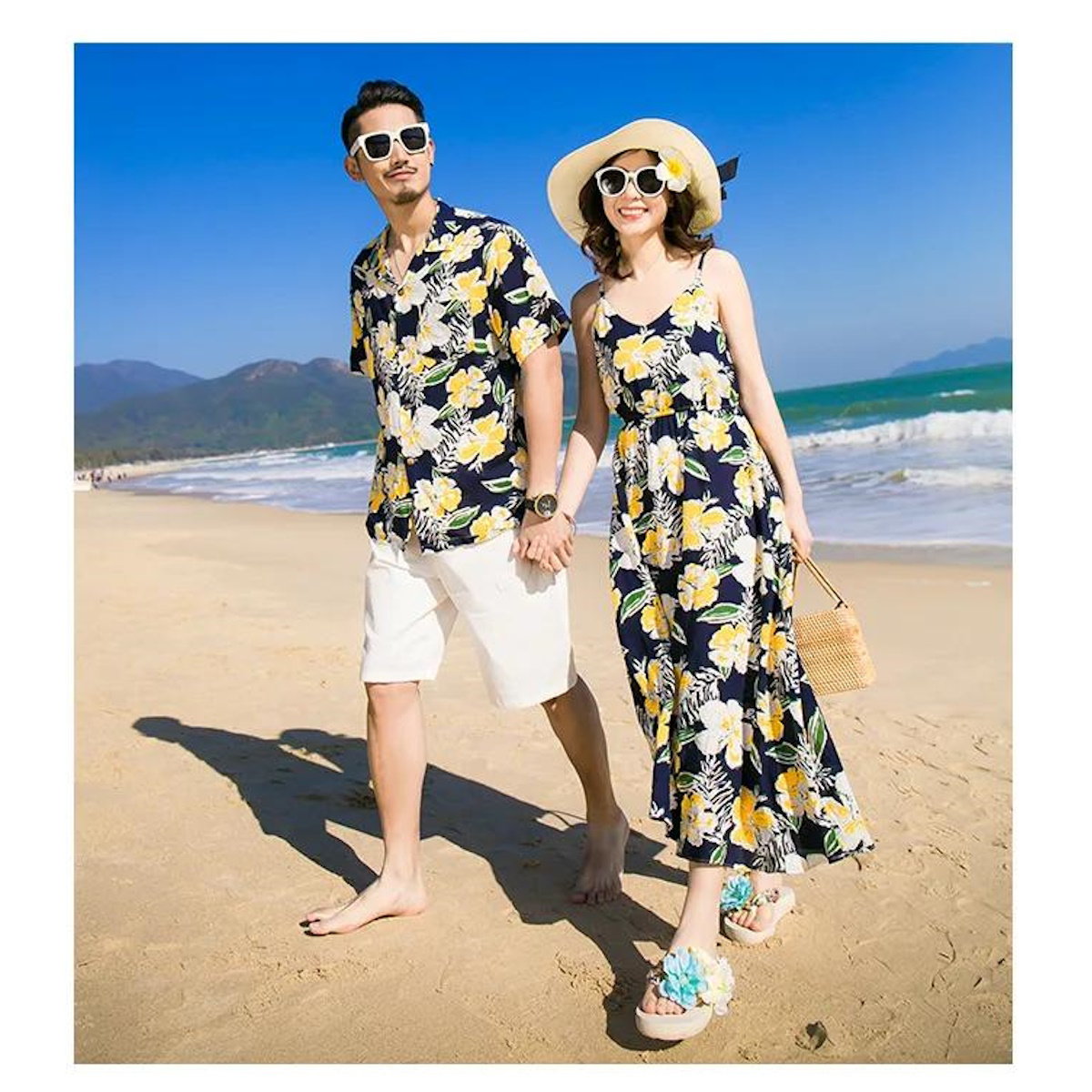 Family Matching Outfits Floral Print Maxi Strap Dress and Front Pocket Tropical Shirts and Shorts Set - ChildAngle