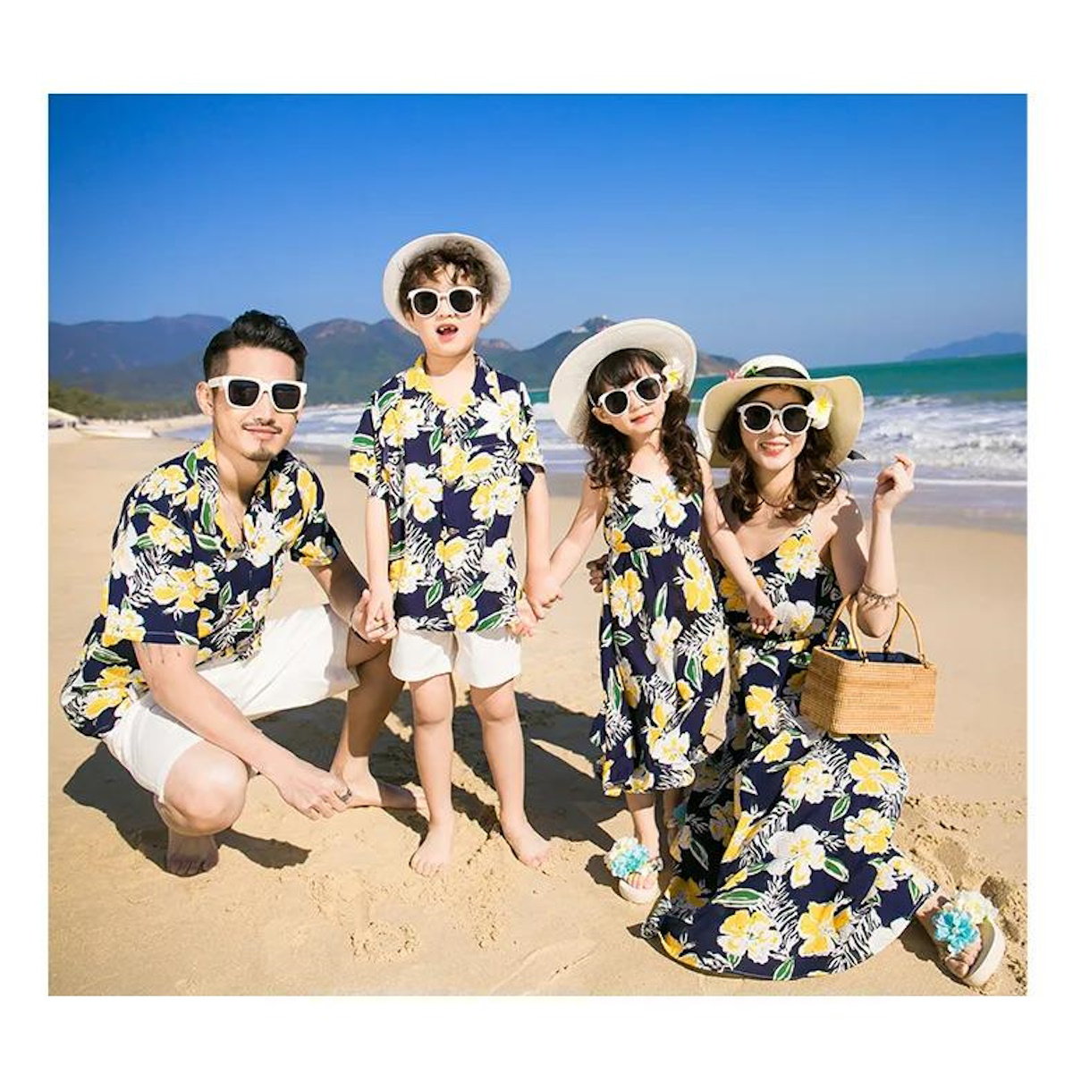 Family Matching Outfits Floral Print Maxi Strap Dress and Front Pocket Tropical Shirts and Shorts Set - ChildAngle