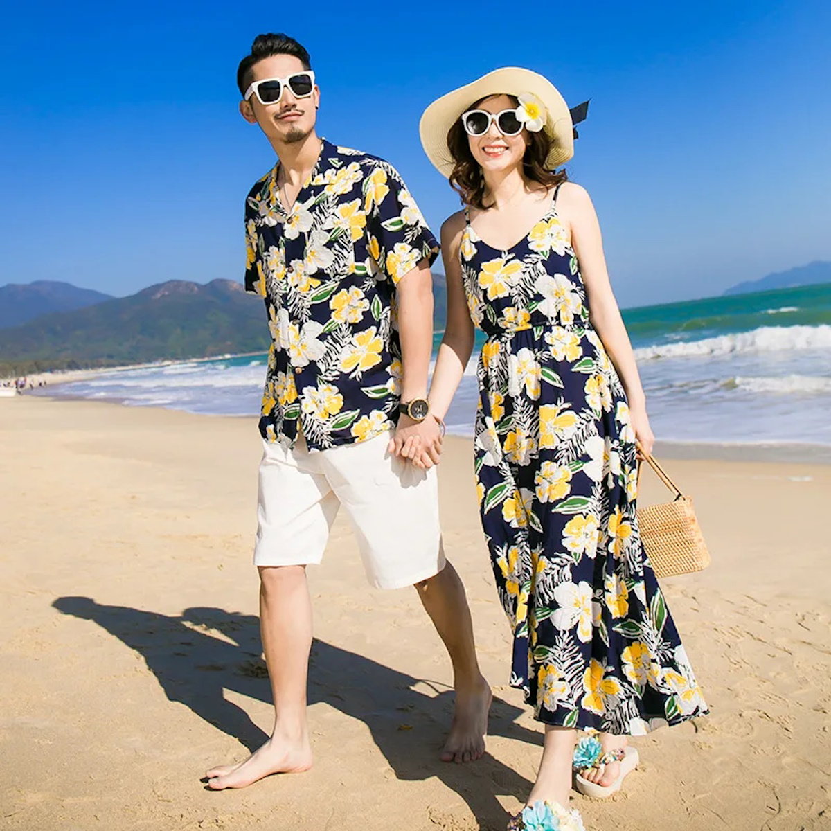 Family Matching Outfits Floral Print Maxi Strap Dress and Front Pocket Tropical Shirts and Shorts Set - ChildAngle