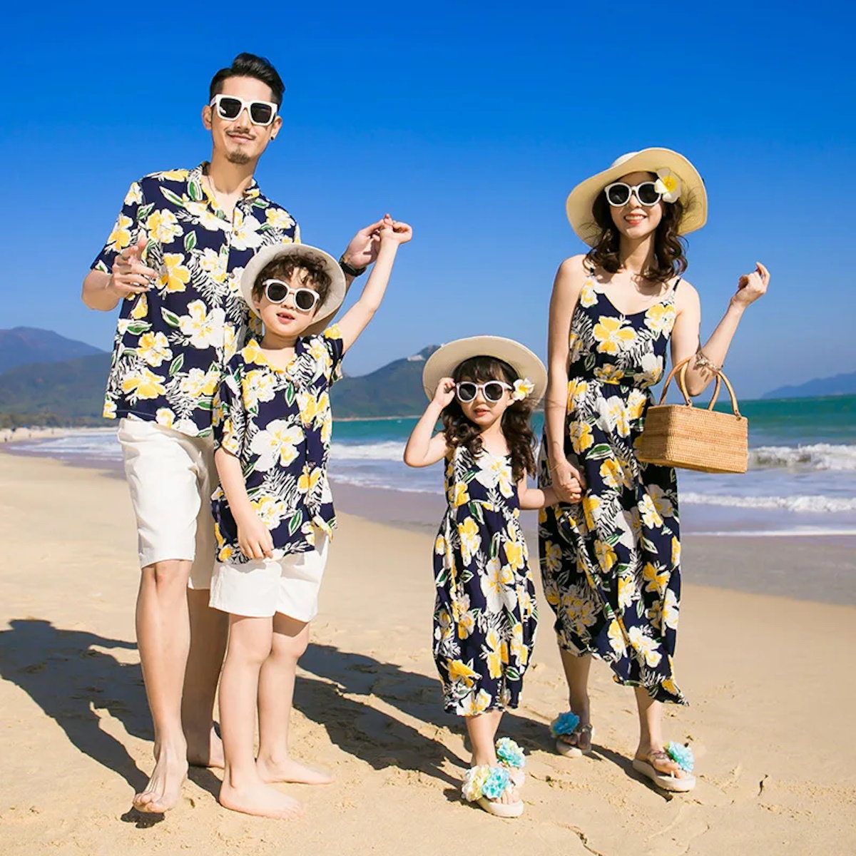 Family Matching Outfits Floral Print Maxi Strap Dress and Front Pocket Tropical Shirts and Shorts Set - ChildAngle