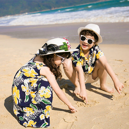 Family Matching Outfits Floral Print Maxi Strap Dress and Front Pocket Tropical Shirts and Shorts Set - ChildAngle