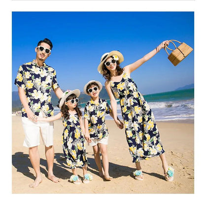 Family Matching Outfits Floral Print Maxi Strap Dress and Front Pocket Tropical Shirts and Shorts Set - ChildAngle