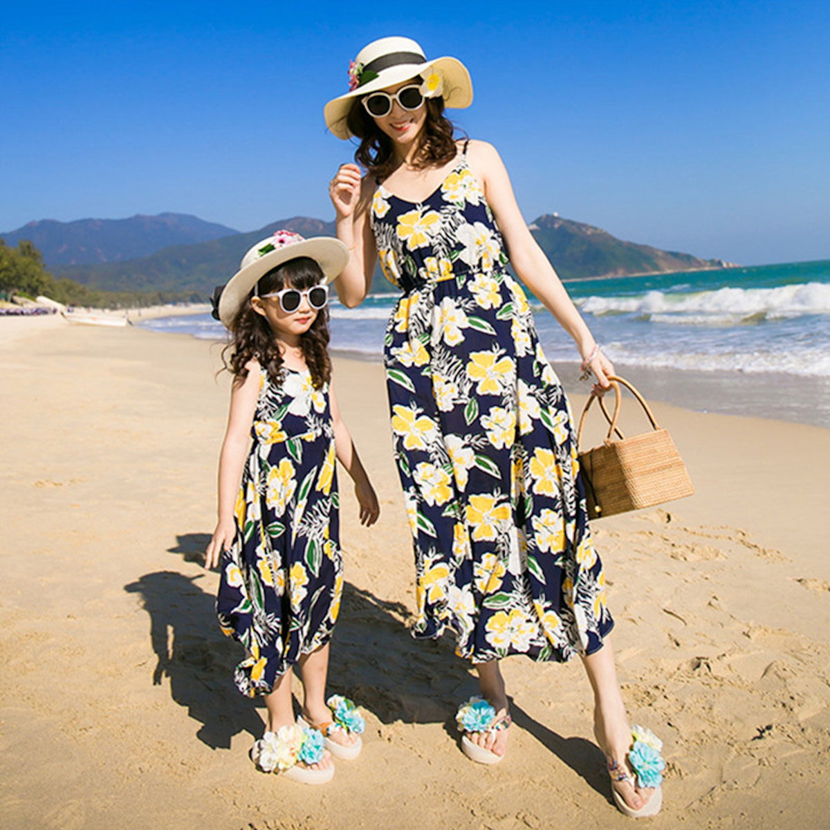 Family Matching Outfits Floral Print Maxi Strap Dress and Front Pocket Tropical Shirts and Shorts Set - ChildAngle