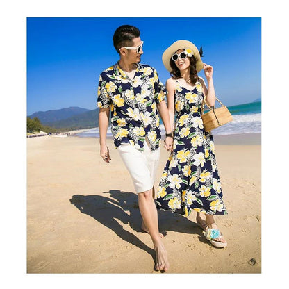 Family Matching Outfits Floral Print Maxi Strap Dress and Front Pocket Tropical Shirts and Shorts Set - ChildAngle