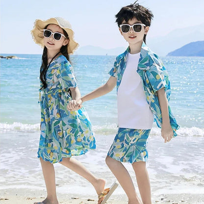 Family Matching Dress Summer Vacation Floral Beach Wear Dress and Shirt Set - ChildAngle