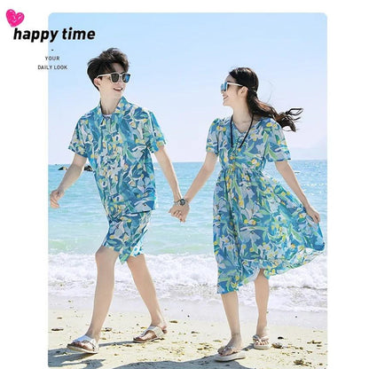 Family Matching Dress Summer Vacation Floral Beach Wear Dress and Shirt Set - ChildAngle