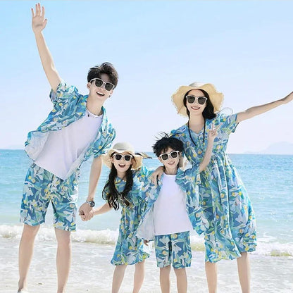 Family Matching Dress Summer Vacation Floral Beach Wear Dress and Shirt Set - ChildAngle