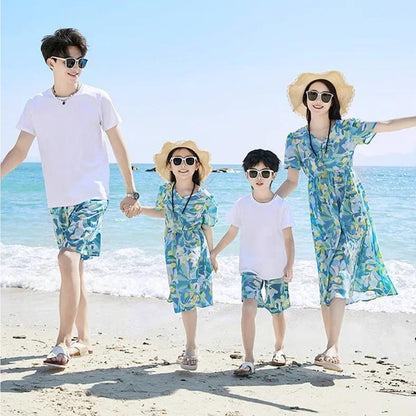 Family Matching Dress Summer Vacation Floral Beach Wear Dress and Shirt Set - ChildAngle