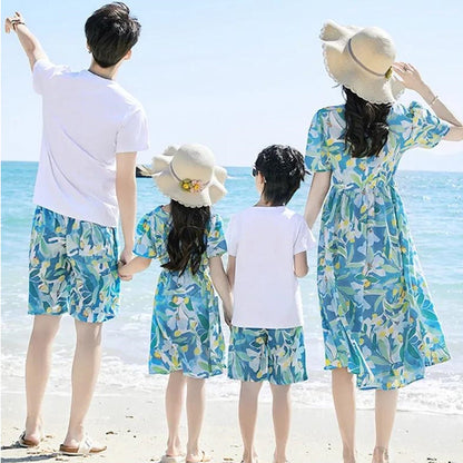 Family Matching Dress Summer Vacation Floral Beach Wear Dress and Shirt Set - ChildAngle