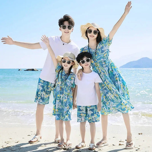 Family Matching Dress Summer Vacation Floral Beach Wear Dress and Shirt Set - ChildAngle