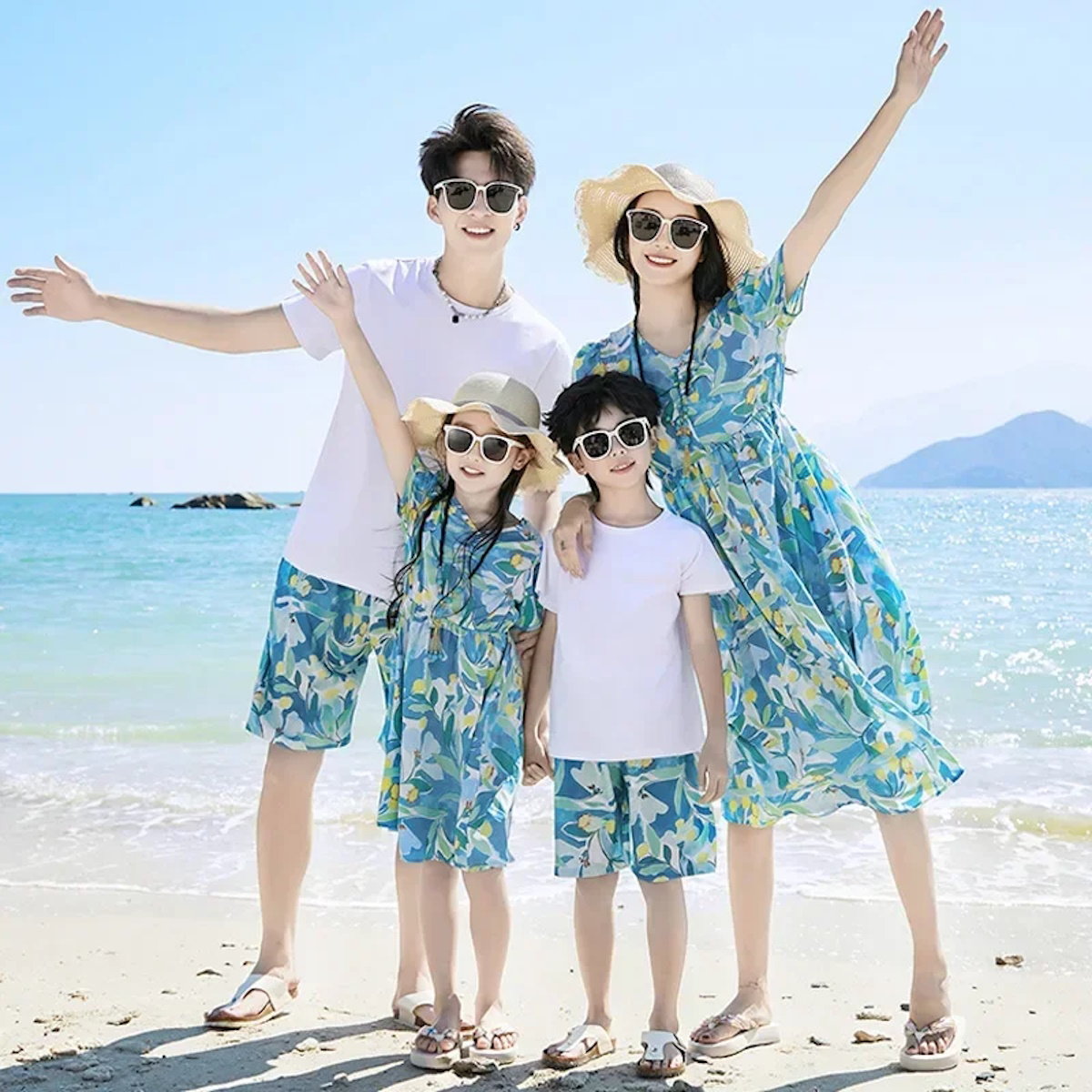 Family Matching Dress Summer Vacation Floral Beach Wear Dress and Shirt Set - ChildAngle