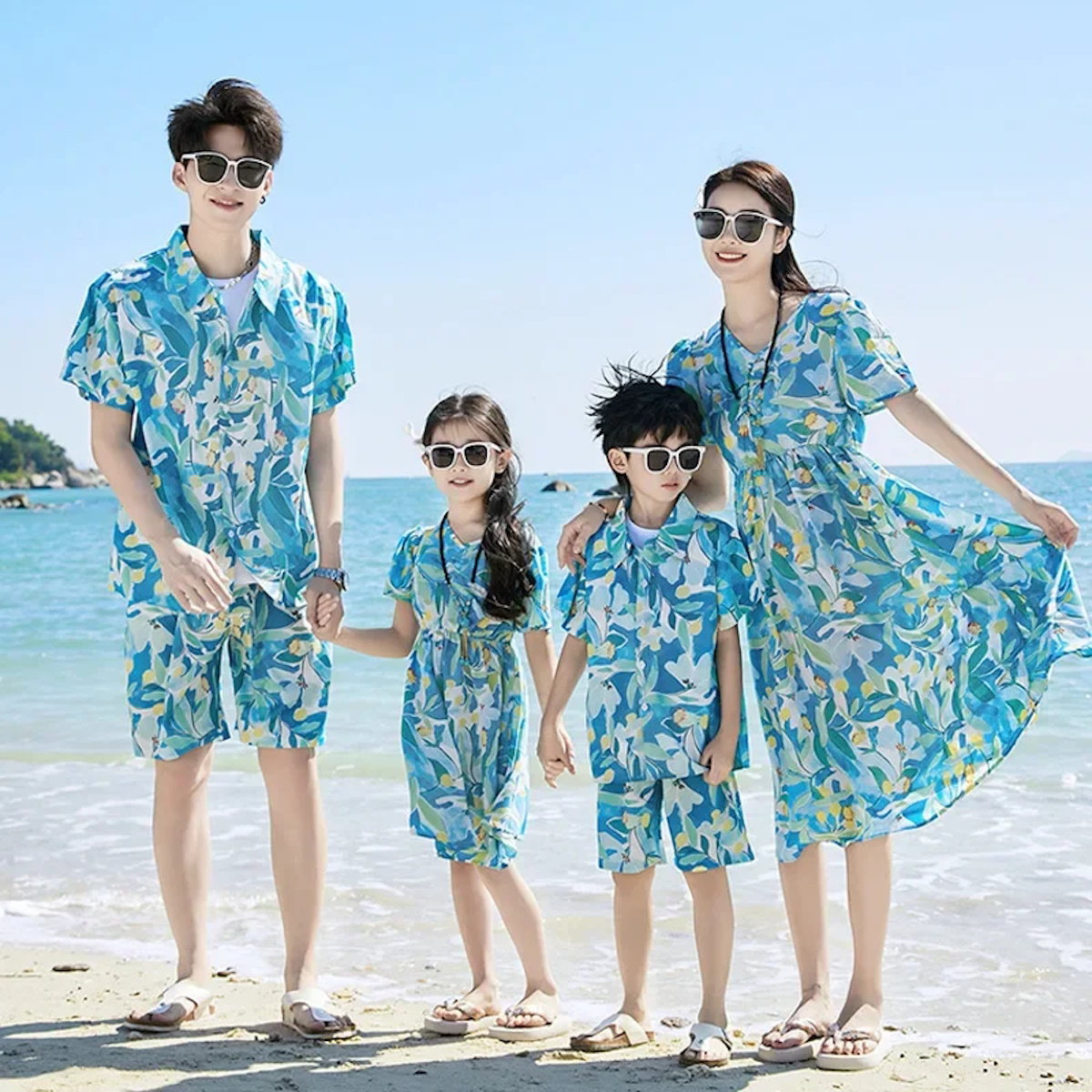 Family Matching Dress Summer Vacation Floral Beach Wear Dress and Shirt Set - ChildAngle