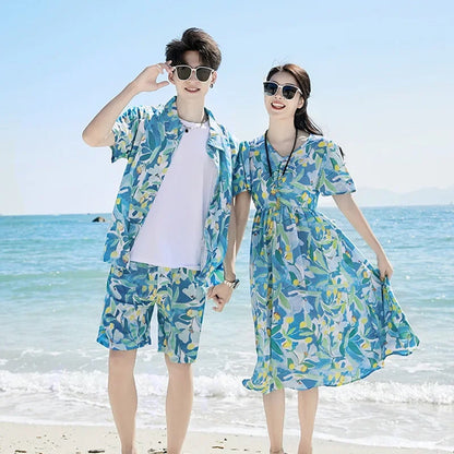 Family Matching Dress Summer Vacation Floral Beach Wear Dress and Shirt Set - ChildAngle