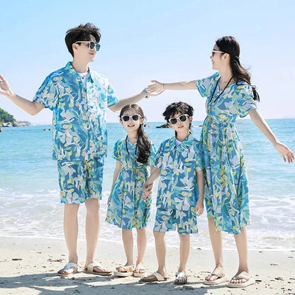 Family Matching Dress Summer Vacation Floral Beach Wear Dress and Shirt Set