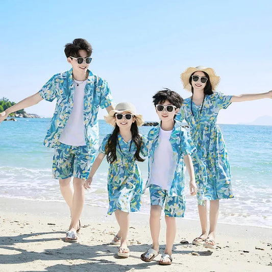 Family Matching Dress Summer Vacation Floral Beach Wear Dress and Shirt Set - ChildAngle