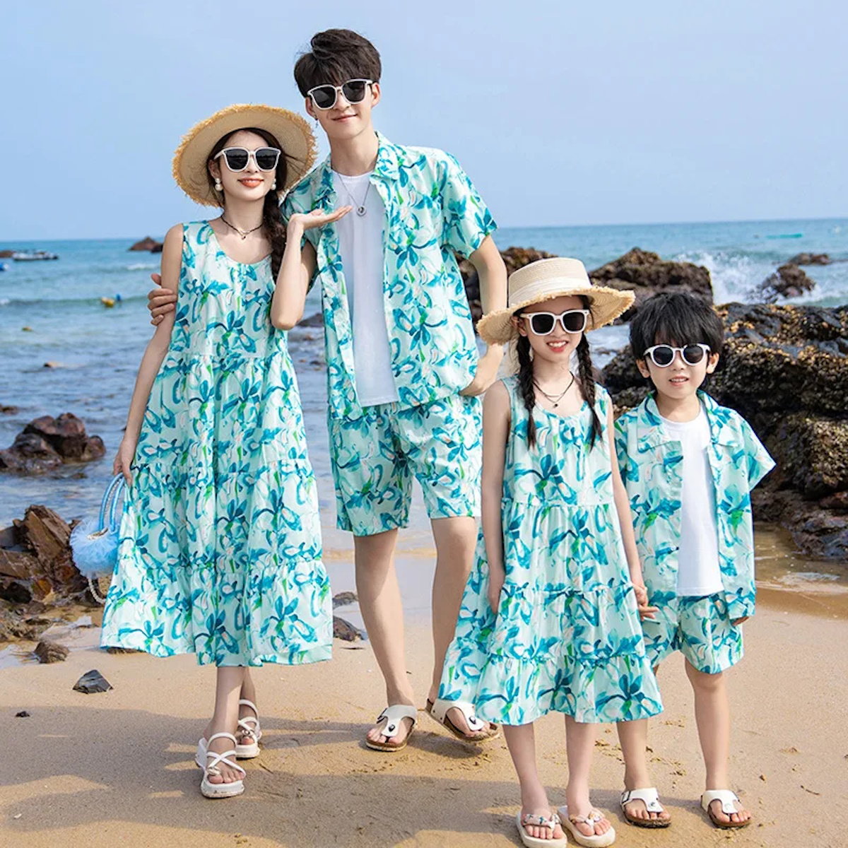 Family Matching Outfits Green Floral Dress and Tee and Shorts - ChildAngle