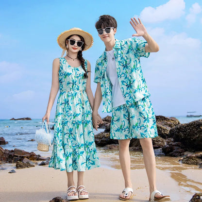 Family Matching Outfits Green Floral Dress and Tee and Shorts - ChildAngle