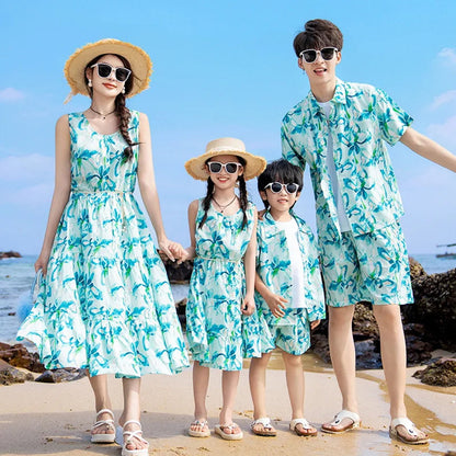 Family Matching Outfits Green Floral Dress and Tee and Shorts - ChildAngle