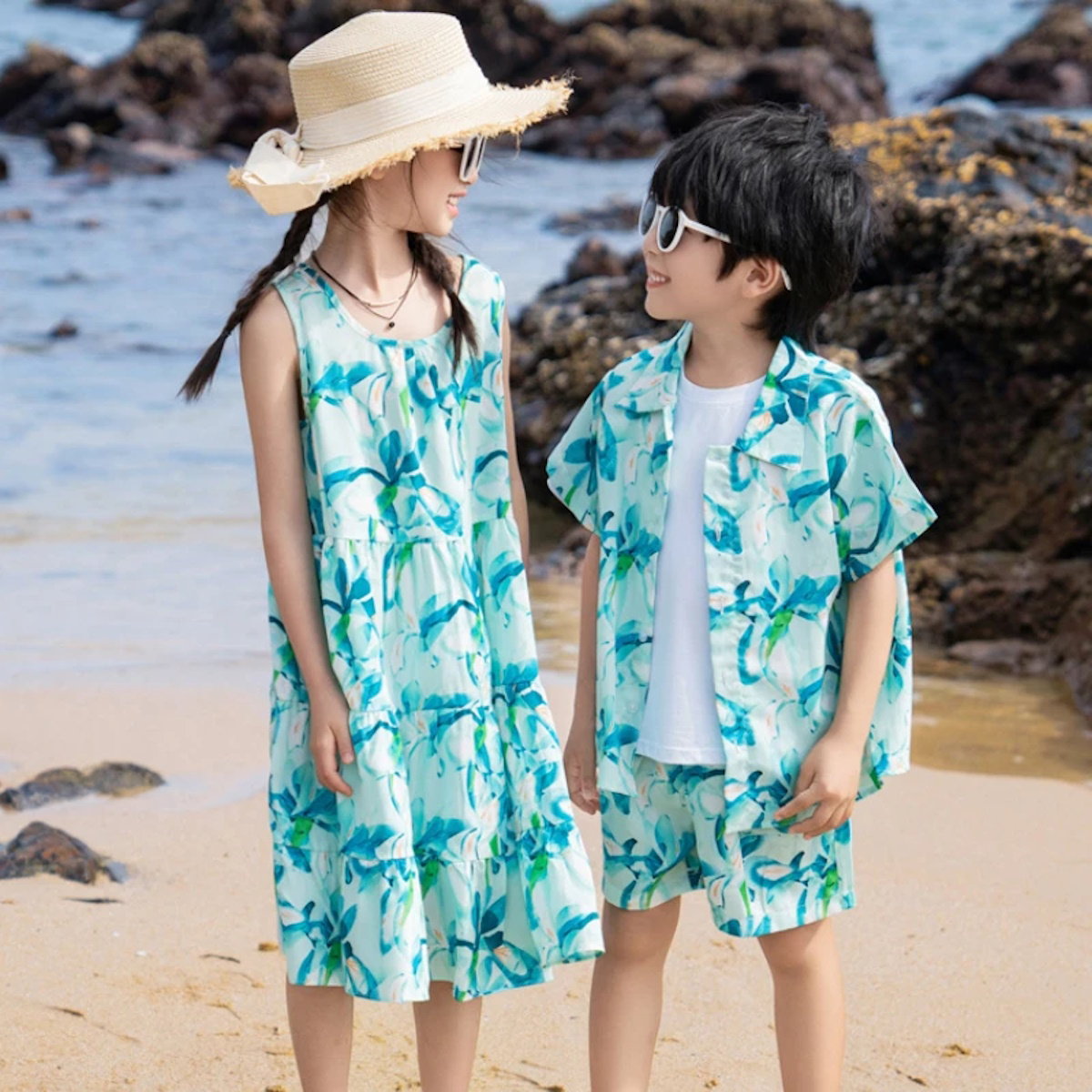 Family Matching Outfits Green Floral Dress and Tee and Shorts - ChildAngle