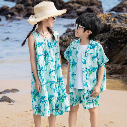 Family Matching Outfits Green Floral Dress and Tee and Shorts - ChildAngle