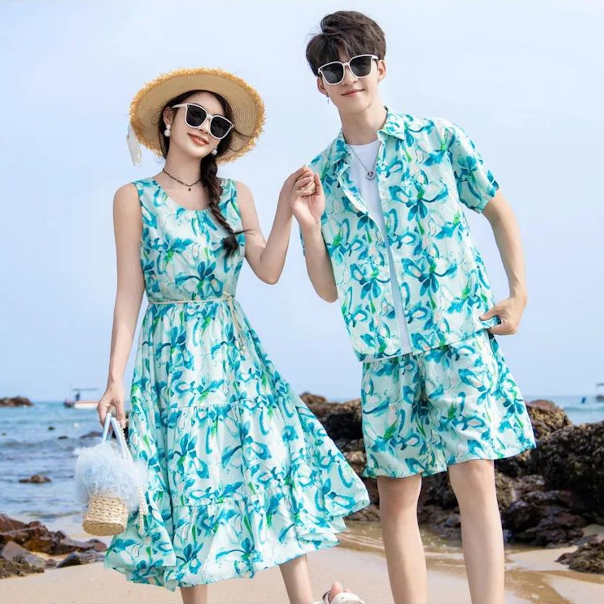 Family Matching Outfits Green Floral Dress and Tee and Shorts - ChildAngle